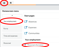 Screenshot of ERP homepage highlighting the Home button, 'Your Employment' menu item and 'Personnel information' link