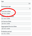 Screenshot of ERP page showing a list of fields, with the 'Cont.Serv.Date' field highlighted