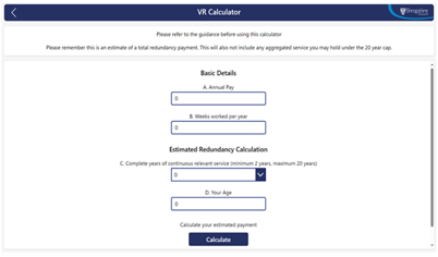 Screenshot of the Voluntary Redundancy calculator that asks for your annual pay, weeks worked per year, complete years of continuous service and your age.